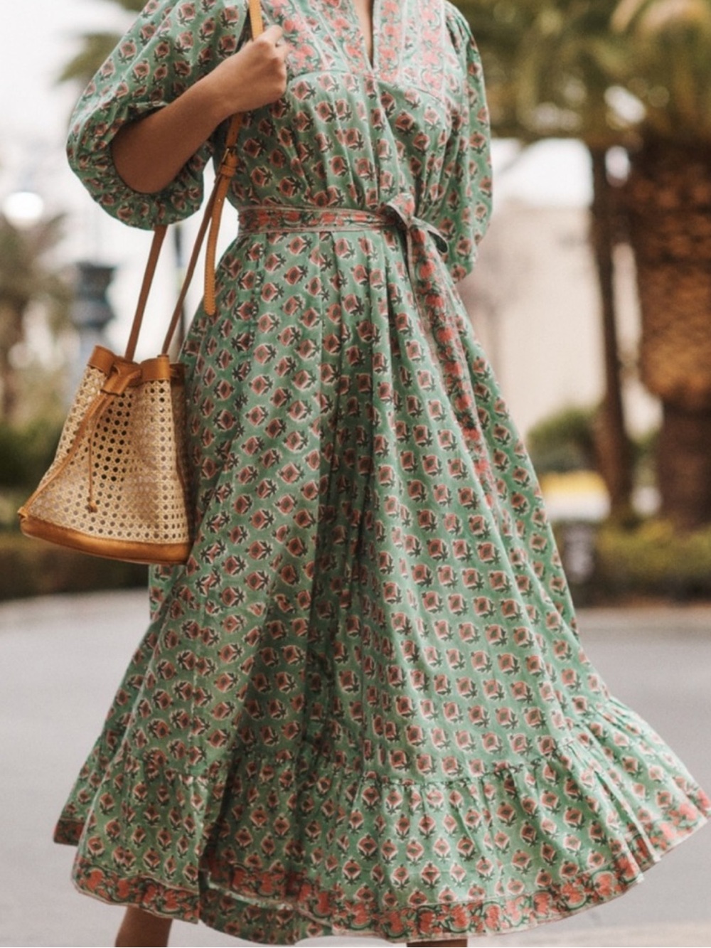 Marea by Liz Joy Green Floral Puff-Sleeve Cotton Midi Dress with Sash size 2